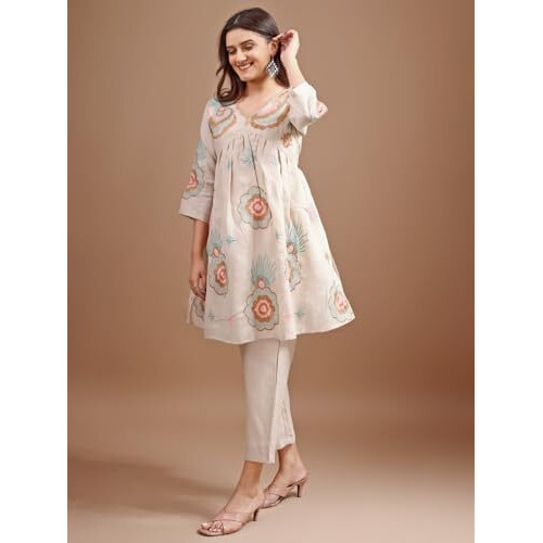 Womanista Women's Beige Colour Linen Multi Thread Embroidery Flared Tunic with Trouser coord Set(Co-ords_9102_XL)
