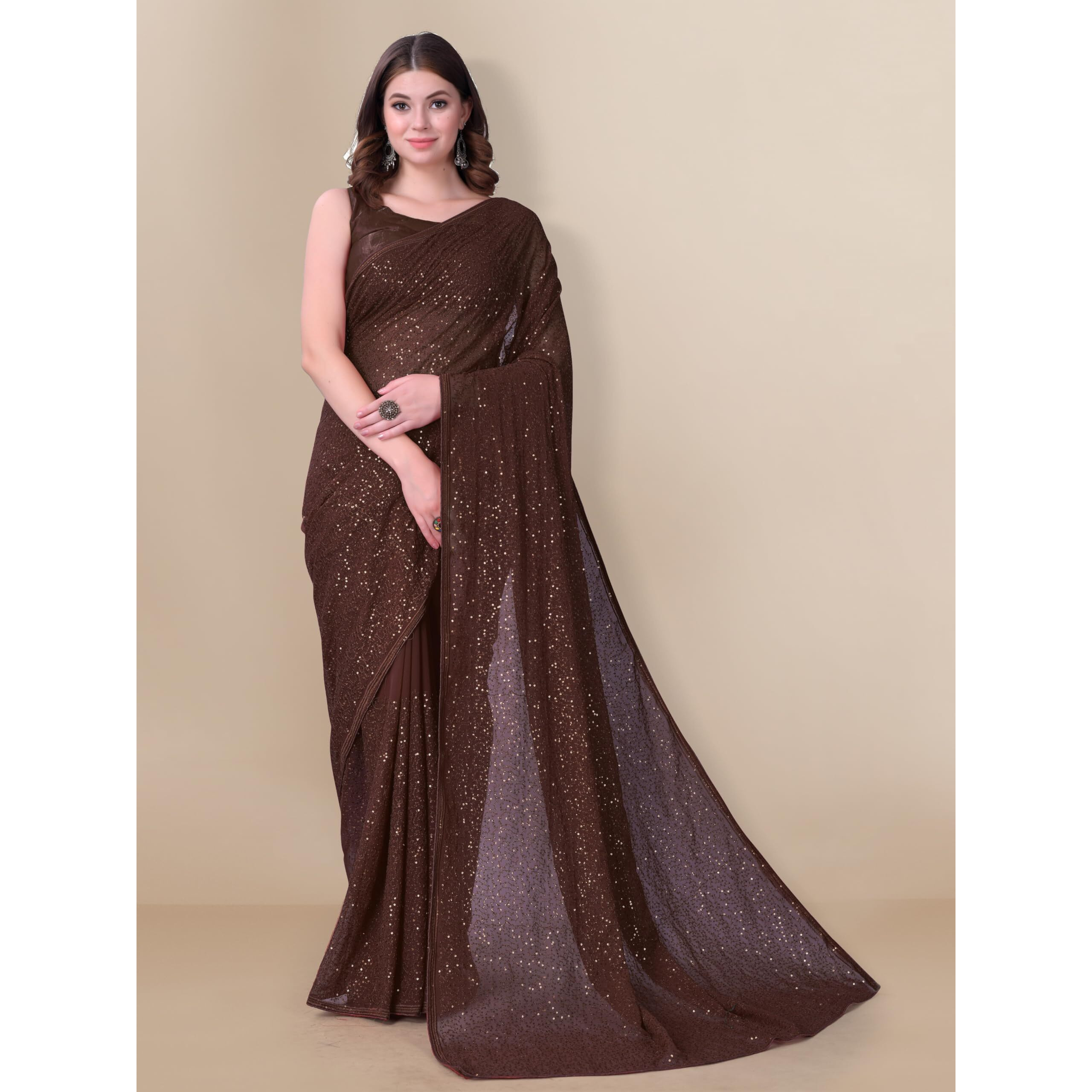 EKASYA Women Georgette With Sequence Ready to Wear Saree (E2052) (Brown)