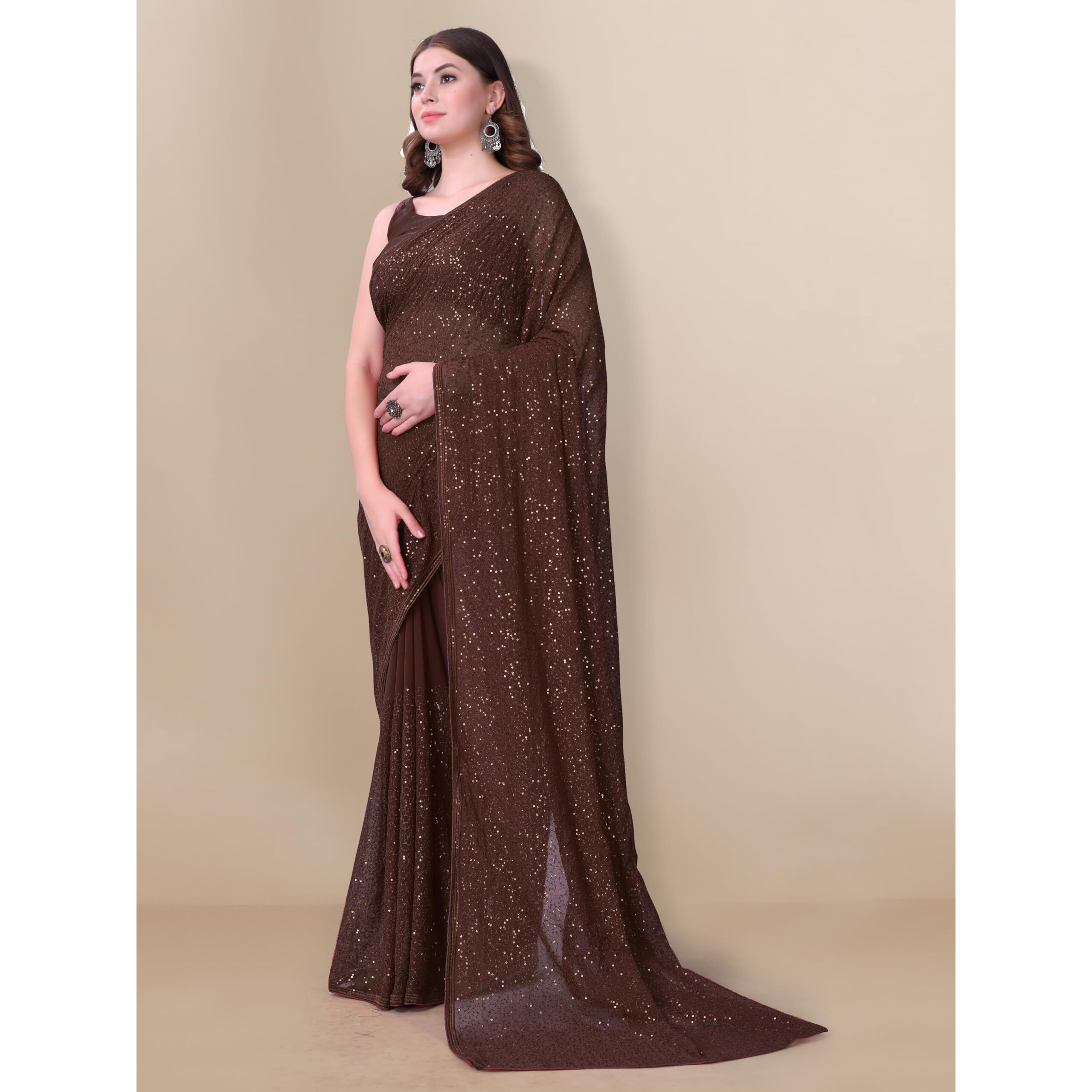 EKASYA Women Georgette With Sequence Ready to Wear Saree (E2052) (Brown)
