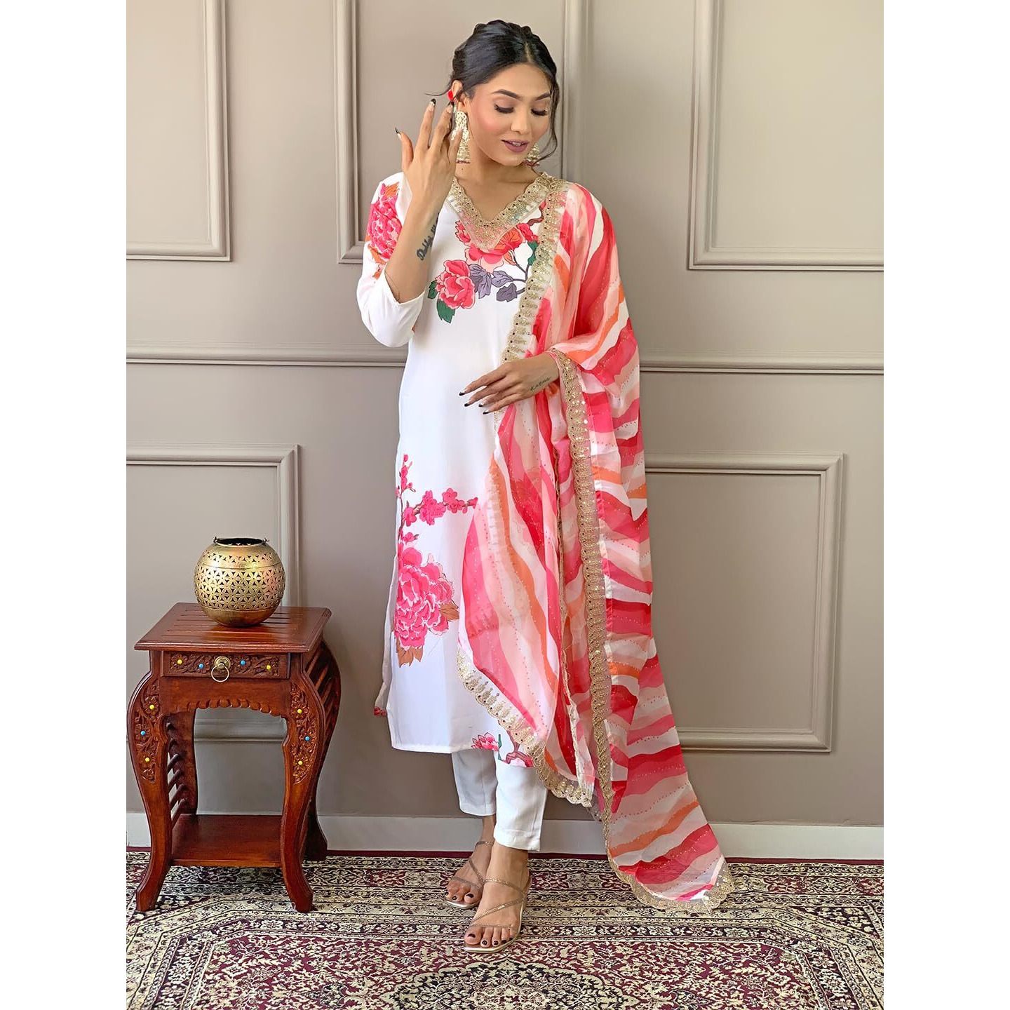 Naixa Women's Offwhite Muslin Embroidered Straight Kurta with Rayon Pant and Taby Organza Laced Dupatta Sets (NX-454-Offwhite-M)