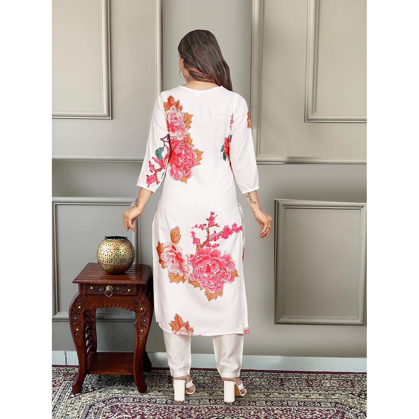 Naixa Women's Offwhite Muslin Embroidered Straight Kurta with Rayon Pant and Taby Organza Laced Dupatta Sets (NX-454-Offwhite-M)