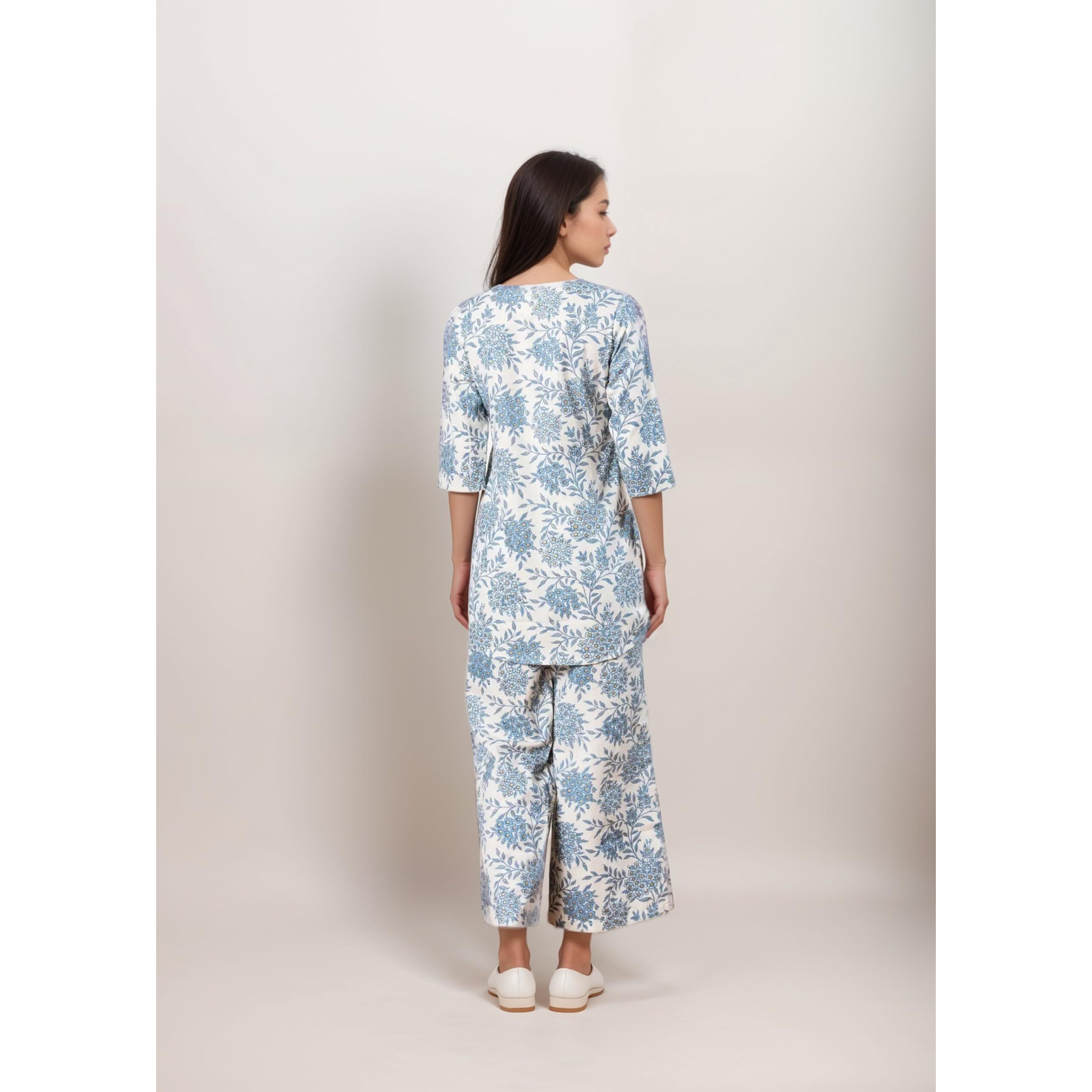 SMOWKLY Women's Printed Rayon Slub Mid Thighs Short Kurti With Relaxed Fit Pant Sylish Co-Ords Set || Trendy 3/4 Sleeve Kurta & Palazzo Cord Pair (Sky Blue-Small)
