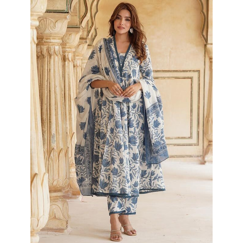 Pinkmint Women Cotton Blend Floral Printed Kurta with Pant & Dupatta Off White