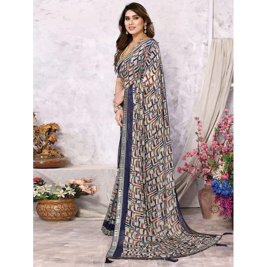 Satrani Women's Chiffon Geometric Printed Saree with Unstitched Blouse Piece (3219S2343N_Mint Green & Multi2)