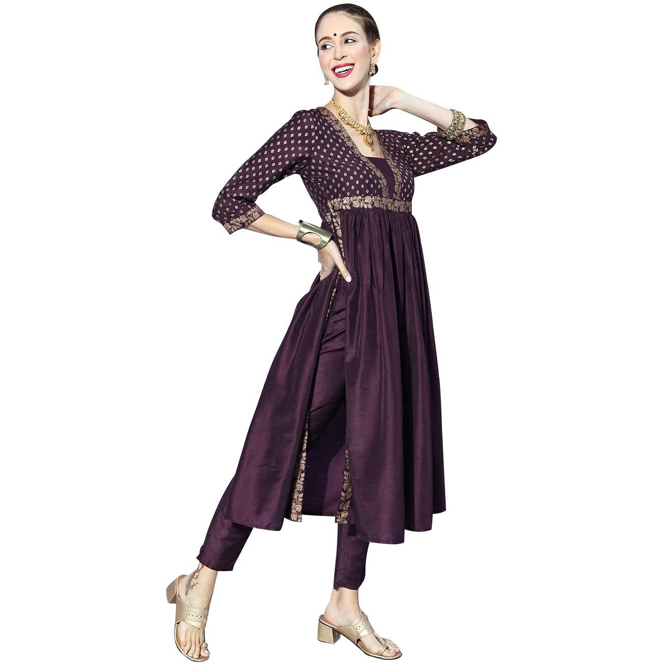 ZIYAA Women's Art Silk Purple Chinon Flared Kurta and Pant Set(Zikuch3741Andpa-Xl)