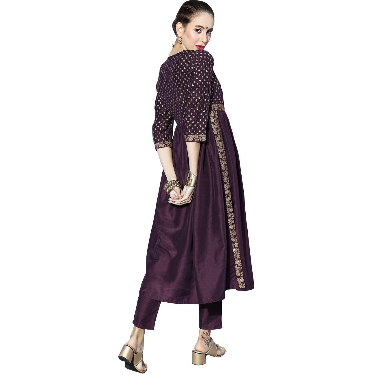 ZIYAA Women's Art Silk Purple Chinon Flared Kurta and Pant Set(Zikuch3741Andpa-Xl)