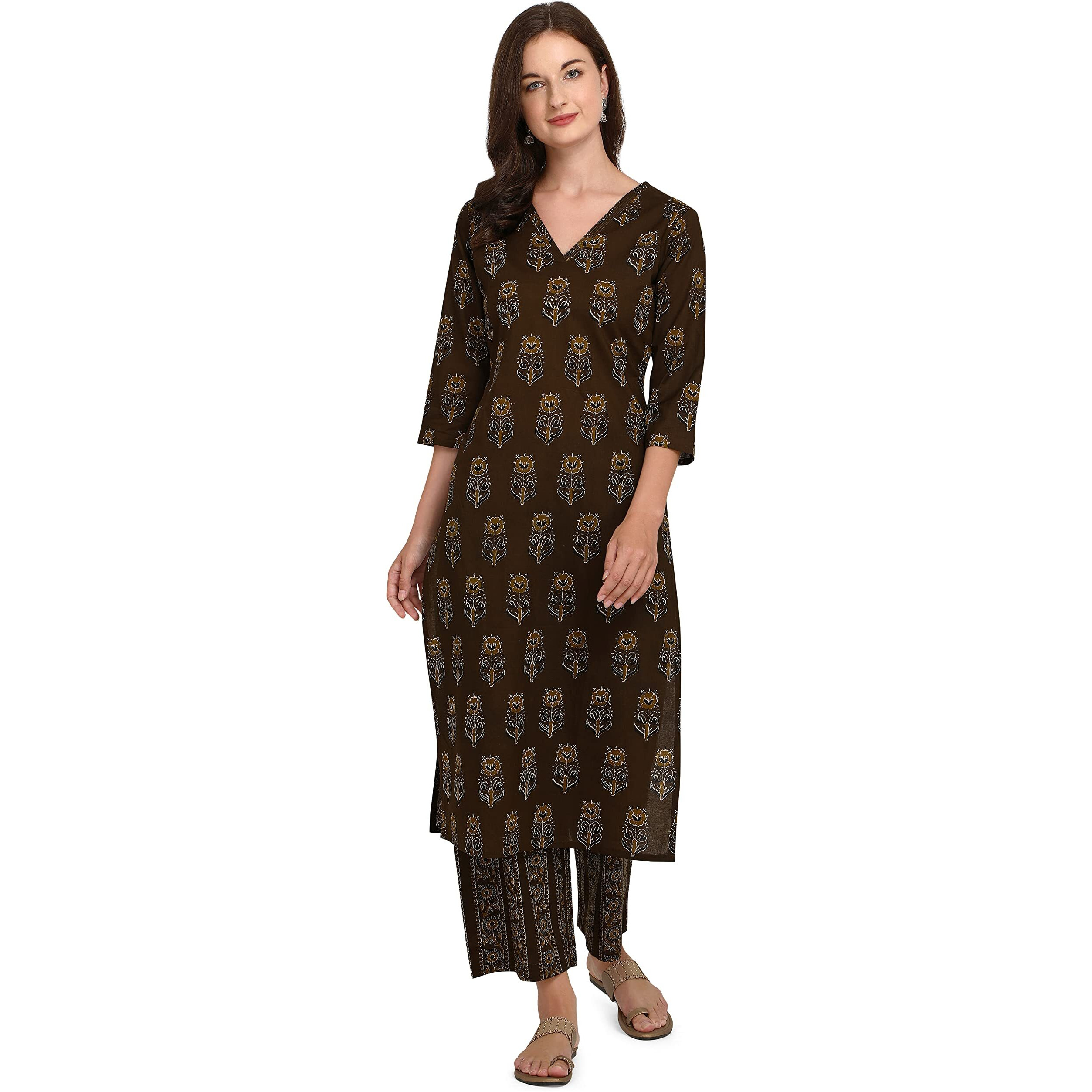 FIORRA Women's Mahendi Green Cotton Kurta with Palazzo Pant SET0024-S