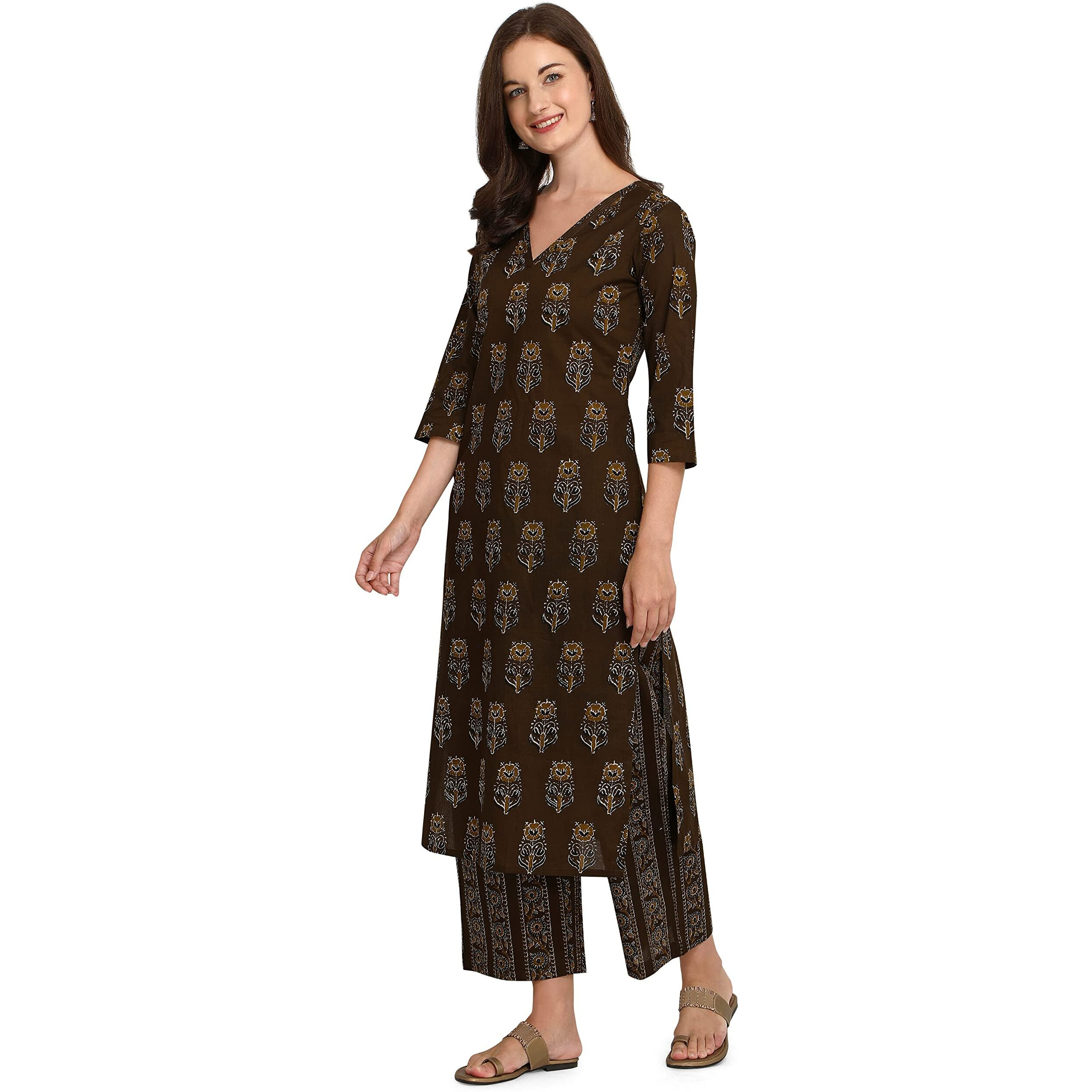 FIORRA Women's Mahendi Green Cotton Kurta with Palazzo Pant SET0024-S