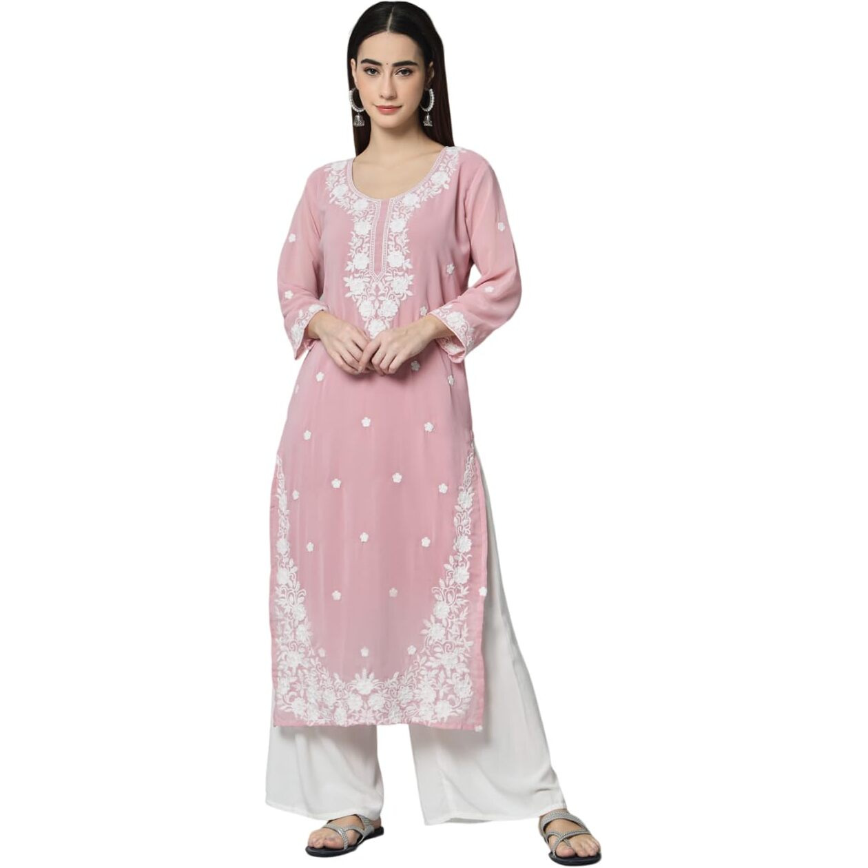 Ekasya Women's Georgette Straight Cut Round Neck Kurta with Beautiful Floral Lucknowi Work (E1542)