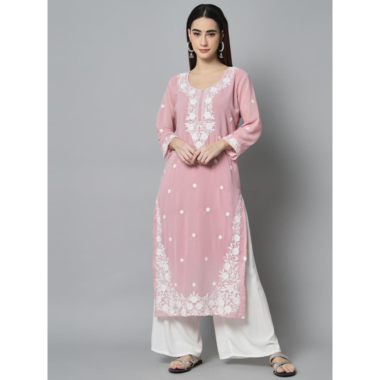 Ekasya Women's Georgette Straight Cut Round Neck Kurta with Beautiful Floral Lucknowi Work (E1542)