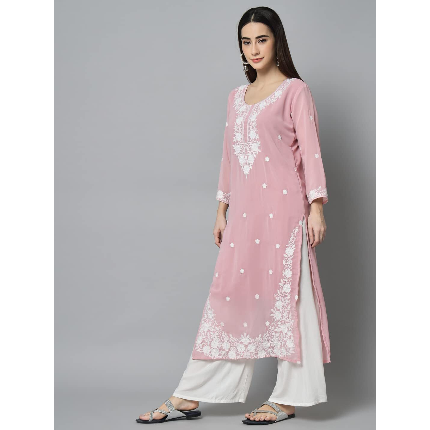 Ekasya Women's Georgette Straight Cut Round Neck Kurta with Beautiful Floral Lucknowi Work (E1542)