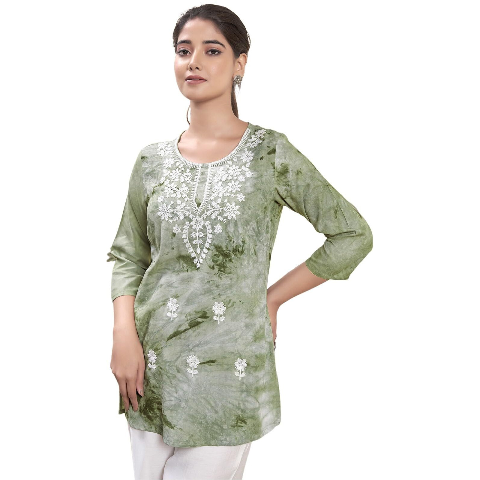 Sanisa Women's Rayon Chikankari Embroidery Short Length Straight Kurti (479K282N-M_Pista Green)