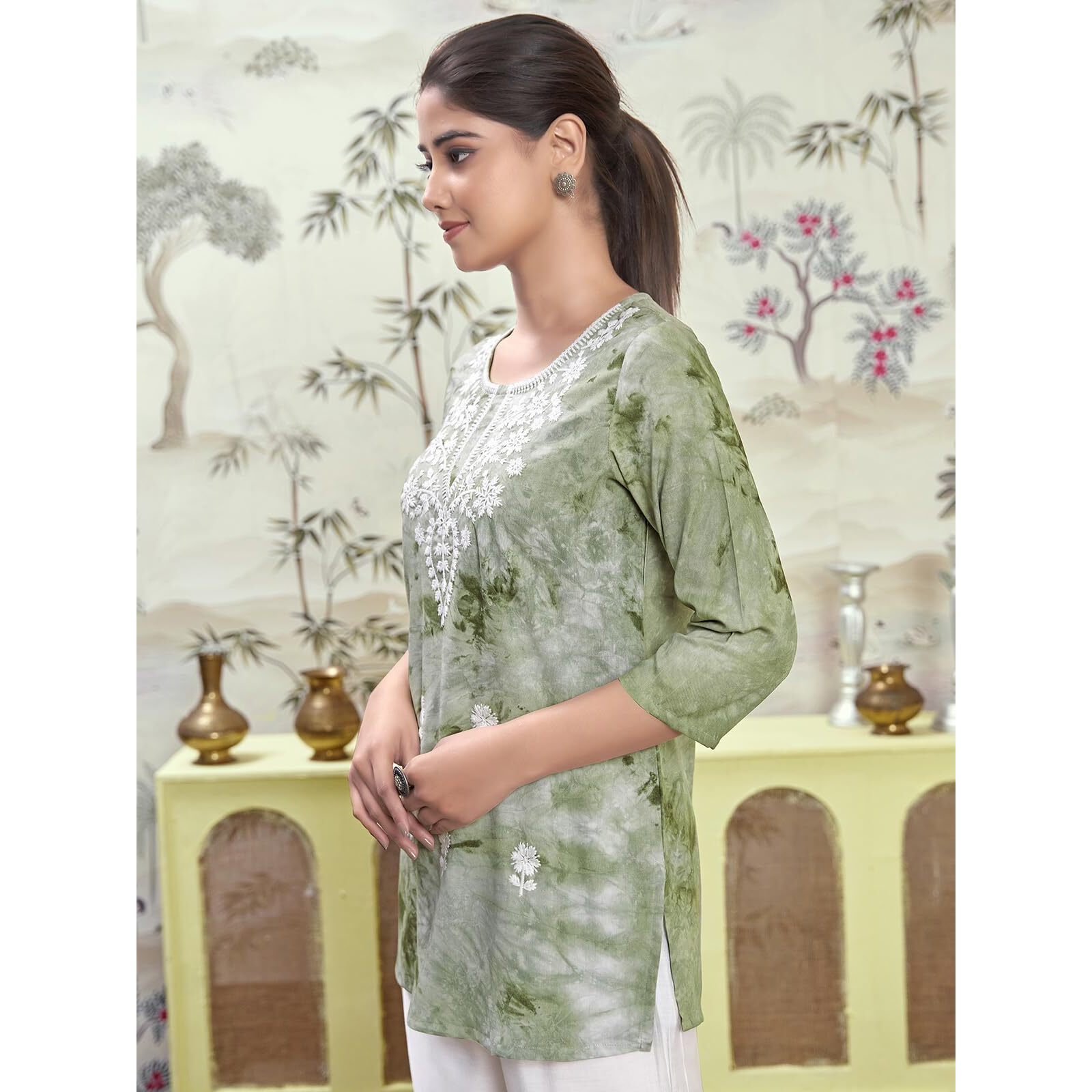 Sanisa Women's Rayon Chikankari Embroidery Short Length Straight Kurti (479K282N-M_Pista Green)