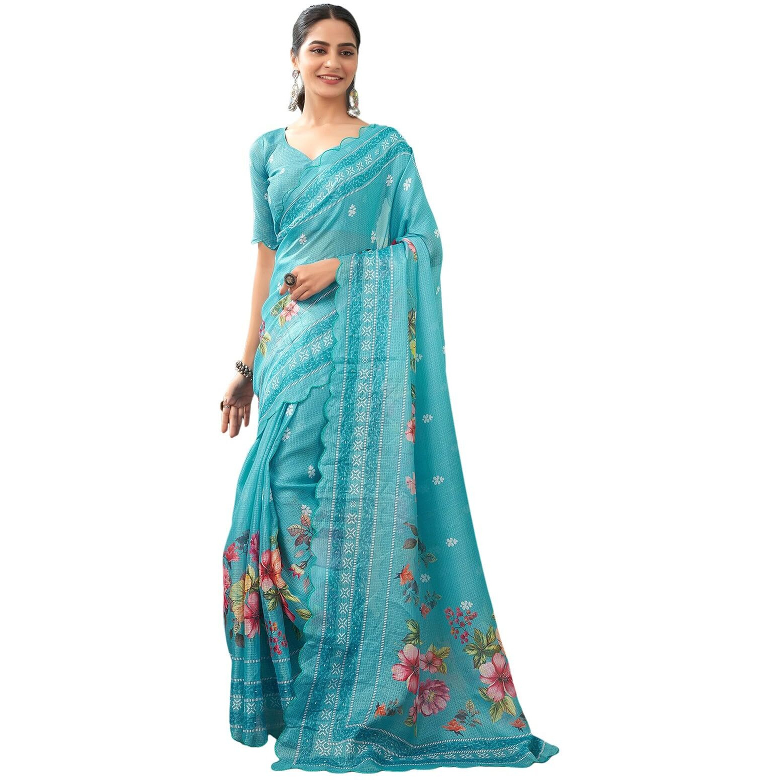 Satrani Women's Kota Doriya Floral Printed Scalloped Border Pre Draped Ready To Wear One Minute Saree with Unstitched Blouse Piece (27RS245N_Turquoise)