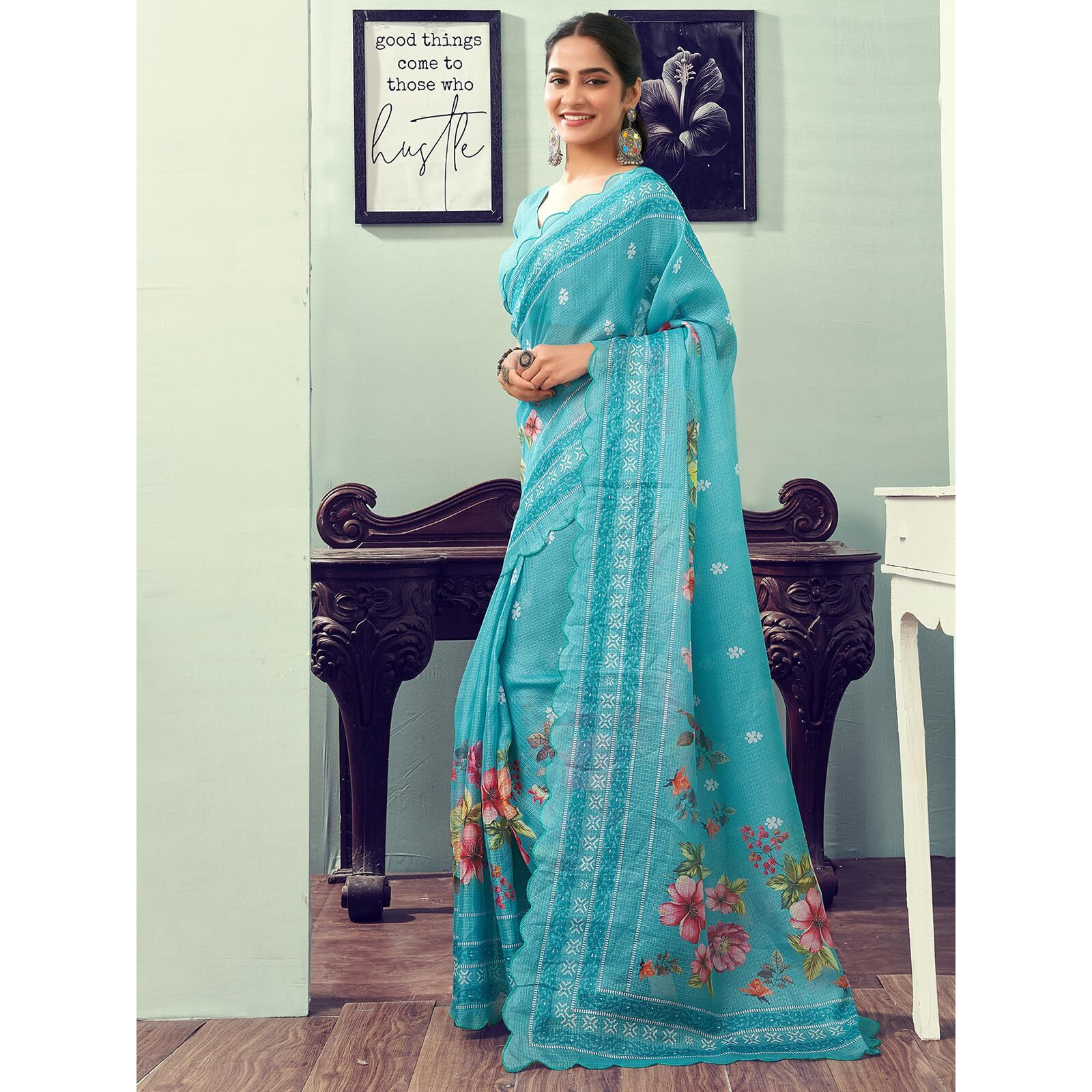Satrani Women's Kota Doriya Floral Printed Scalloped Border Pre Draped Ready To Wear One Minute Saree with Unstitched Blouse Piece (27RS245N_Turquoise)