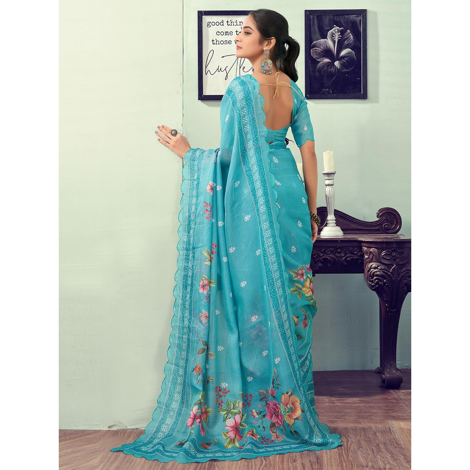 Satrani Women's Kota Doriya Floral Printed Scalloped Border Pre Draped Ready To Wear One Minute Saree with Unstitched Blouse Piece (27RS245N_Turquoise)
