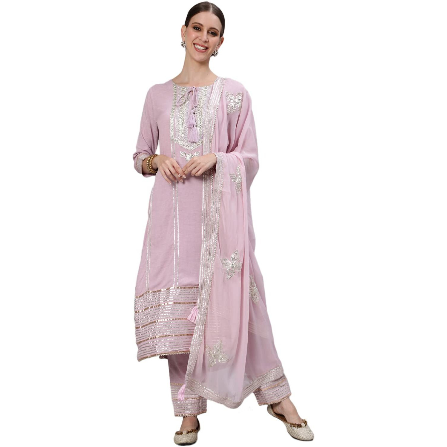 ishin Women's Purple Gota Patti Embroidered A-Line Kurta set With Trouser and Dupatta