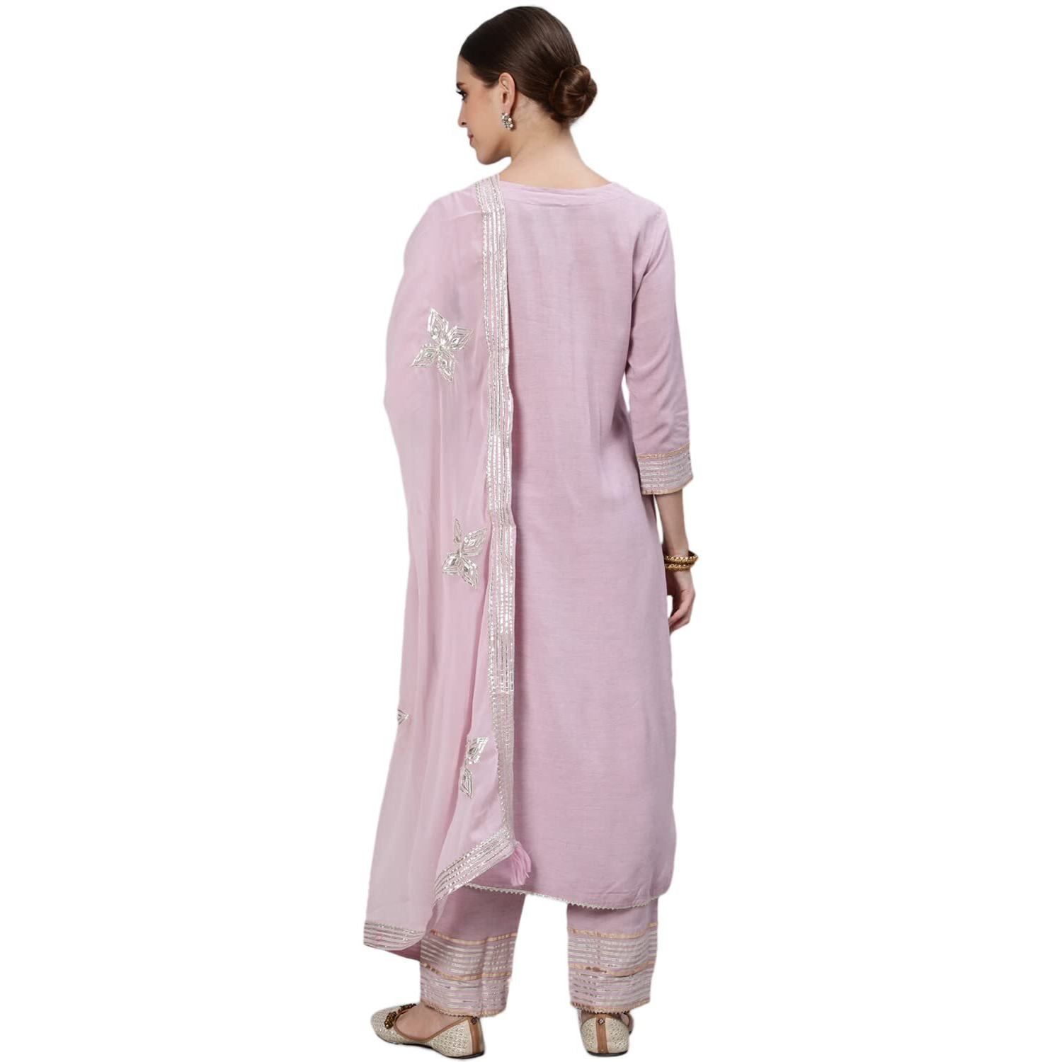 ishin Women's Purple Gota Patti Embroidered A-Line Kurta set With Trouser and Dupatta