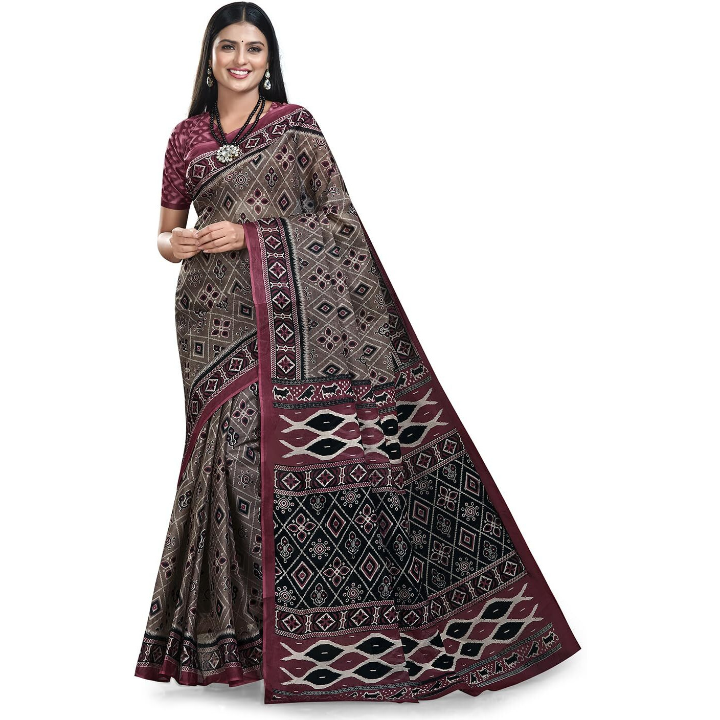 RANI SAAHIBA Women's Pure Cotton Printed Saree With Blouse Piece (SKR11444_Biscuit)