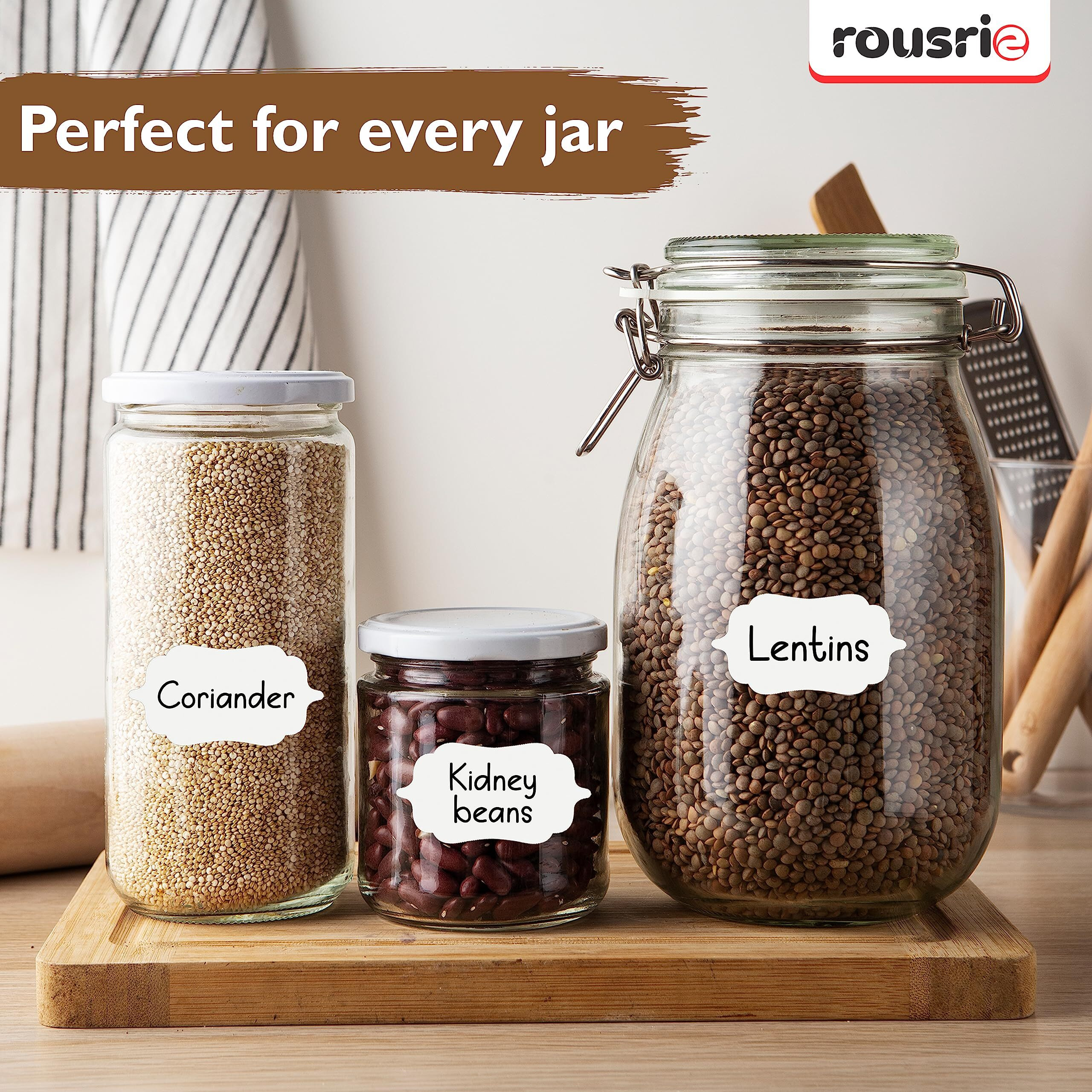 ROUSRIE Pack of 84 Reusable Waterproof White Same Shapes Mason Jars Labels Kitchen Pantry Spice Jars Glass Bottles  Best Stickers & Organizing Label with Black Marker