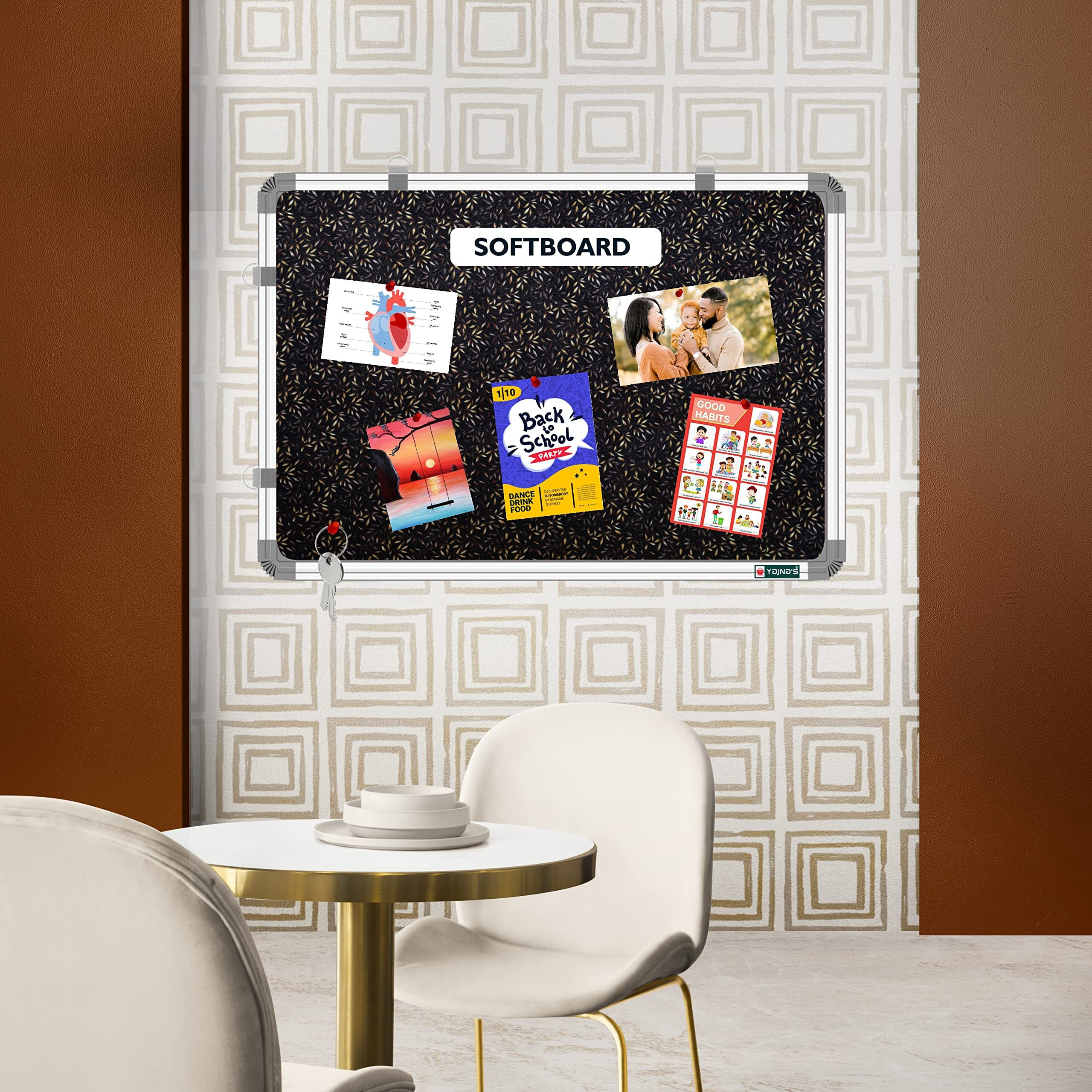YAJNAS 1.5x2 Feet Premium Material Golden Glow Designed Notice Board/Pin-up Board/Soft Board/Bulletin Board/Pin-up Display Board for Study Room, Home, Office & School Use
