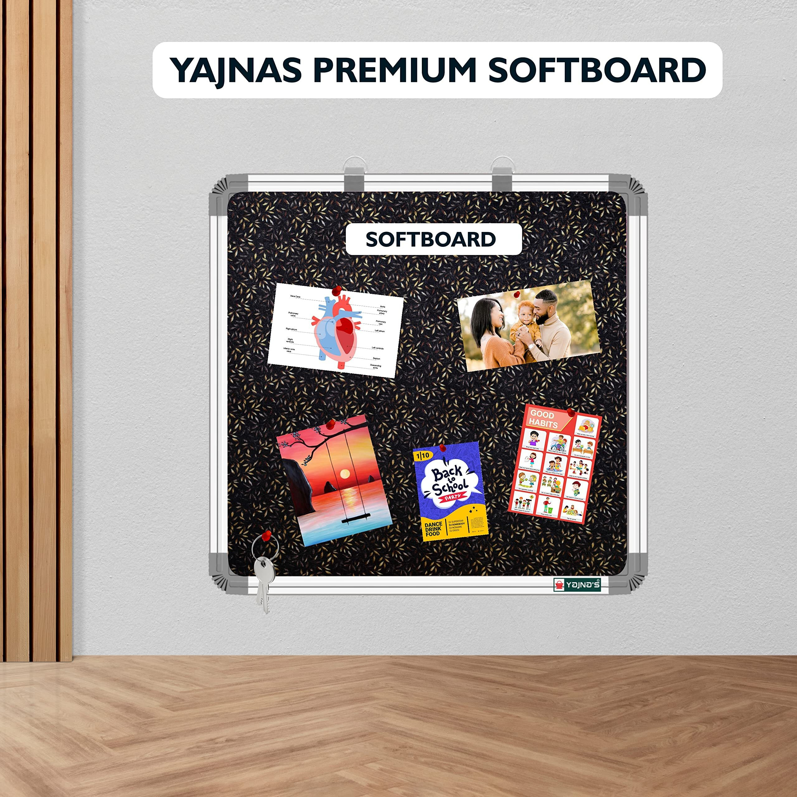 YAJNAS 23x23 inch Premium Material Golden Glow Designed Notice Board/Soft Board/Bulletin Board/Pin-up Display Board for Study Room, Office, School & Home Use