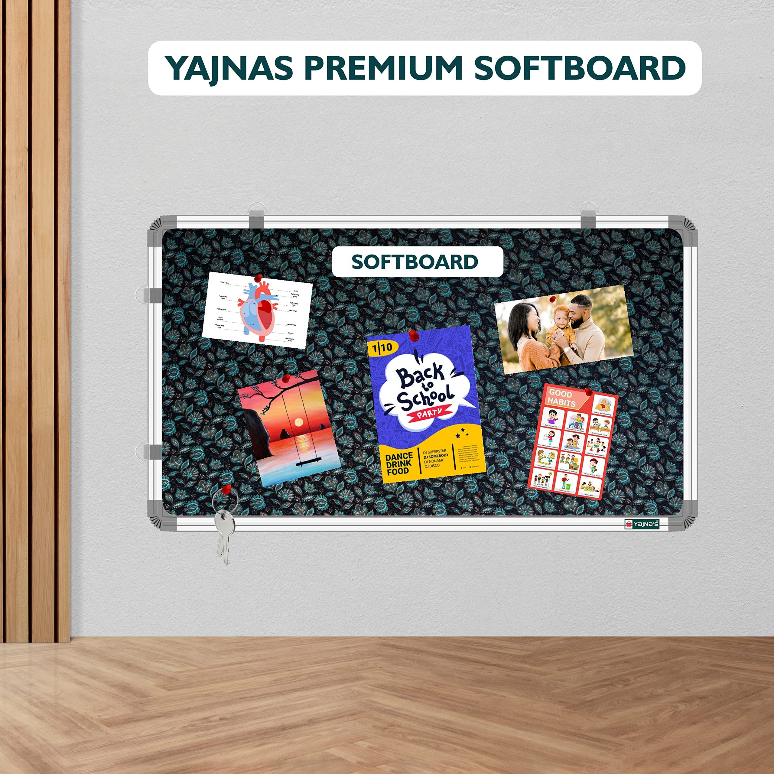 YAJNAS 58.5x89 CM Premium Material Blossom Blue Designed Notice Board/Pin-up Board/Soft Board/Bulletin Board/Pin-up Display Board for Study Room, Home, Office & School Use