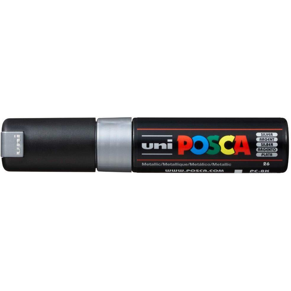 Uniball Posca PC-8K Bold Point Chisel Shaped Paint Marker Pen | Non Toxic & Bleed Proof Ink | For Rocks Painting, Fabric, Wood, Canvas, Ceramic, Scrapbooking, DIY Crafts | Silver Ink, Pack of 1