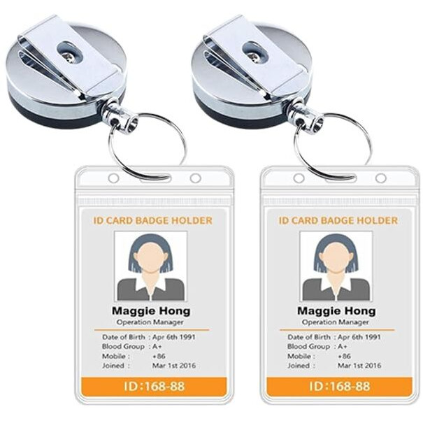 AccuPrints Pack of 2 Metal Badge Id Card Holders with Silicon Card Holder for Office Employee and Staff Retractable YOYO Badge Reel Steel and Black Lanyard for Id Cards