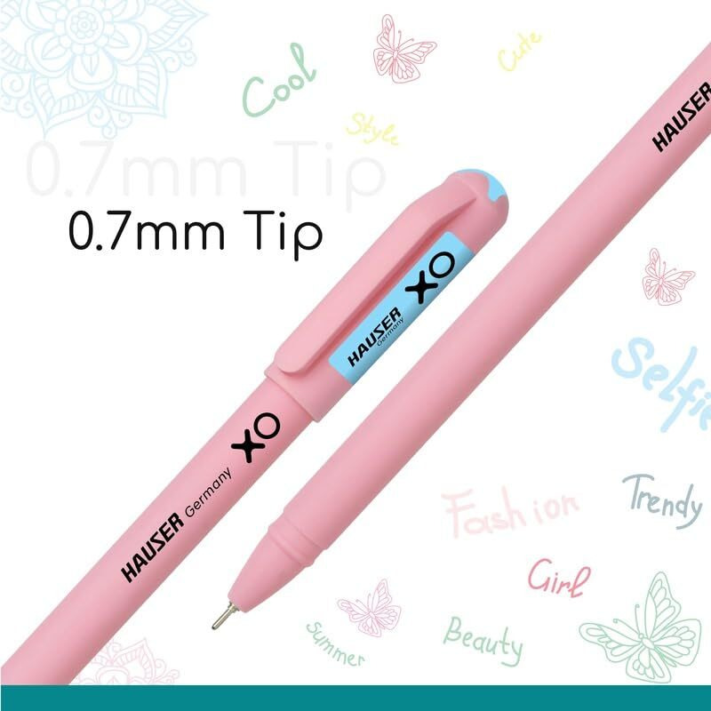 Hauser XO Girls Squad Pink Body 0.6mm Ball Pen | Minimalistic Body with Matt Finish Body | Blue Ink, Pack of 20 Pens