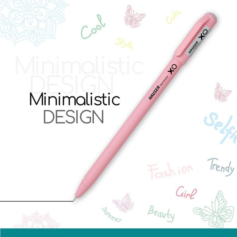 Hauser XO Girls Squad Pink Body 0.6mm Ball Pen | Minimalistic Body with Matt Finish Body | Black Ink, Pack of 10 Pens