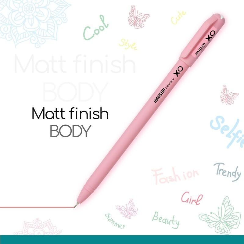 Hauser XO Girls Squad Pink Body 0.6mm Ball Pen | Minimalistic Body with Matt Finish Body | Red Ink, Pack of 40 Pens