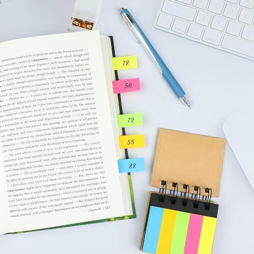 GLUN 7x5cm Self-Sticky Notepad, Fluorescent Colour Sticky Notes with Spiral Binding Portable Page with Markers Index Tabs, Home, Office, School Bookmarks Pack of 1