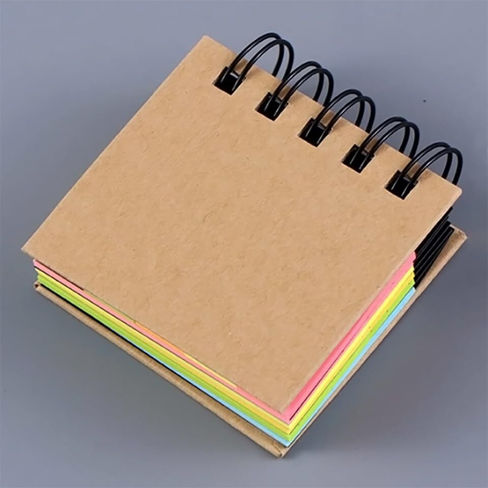 GLUN 7x5cm Self-Sticky Notepad, Fluorescent Colour Sticky Notes with Spiral Binding Portable Page with Markers Index Tabs, Home, Office, School Bookmarks Pack of 1