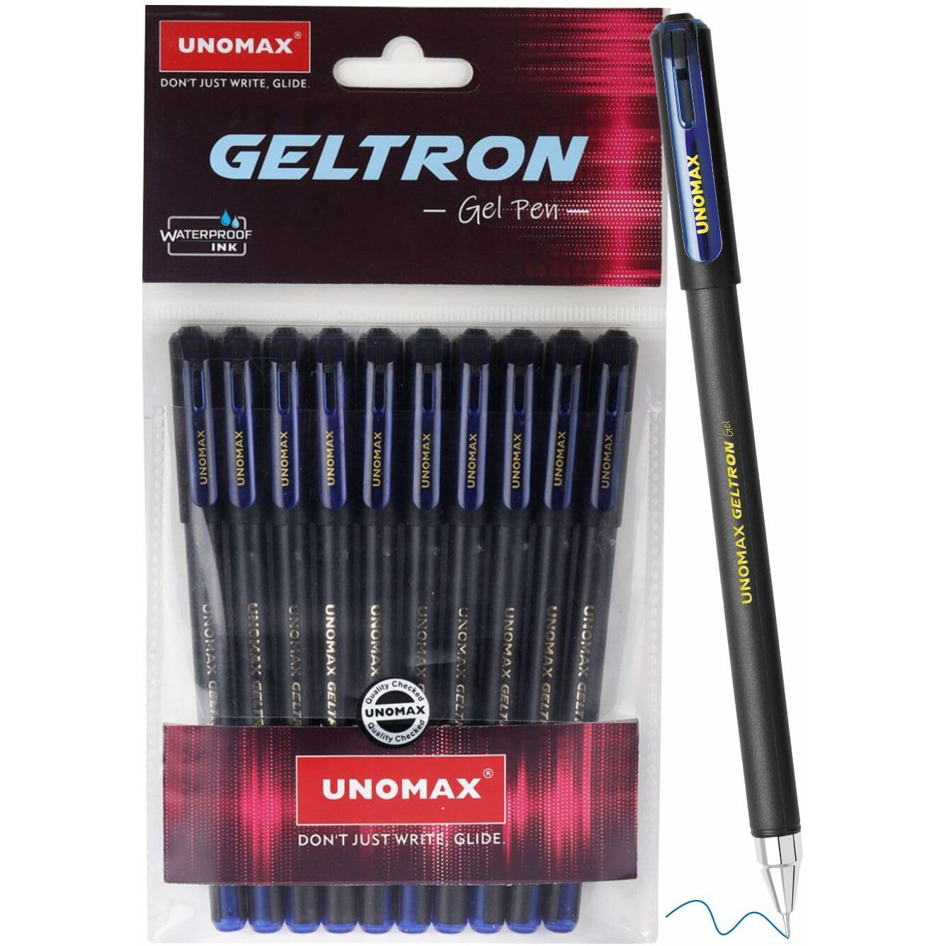 UNOMAX Geltron Gel Pen Pack of 10 (10 Blue) | Professional Ergonomic Design for Daily Use, Exam-Friendly | Fast-Flowing Ink, Writing Precision, Budget-Friendly,