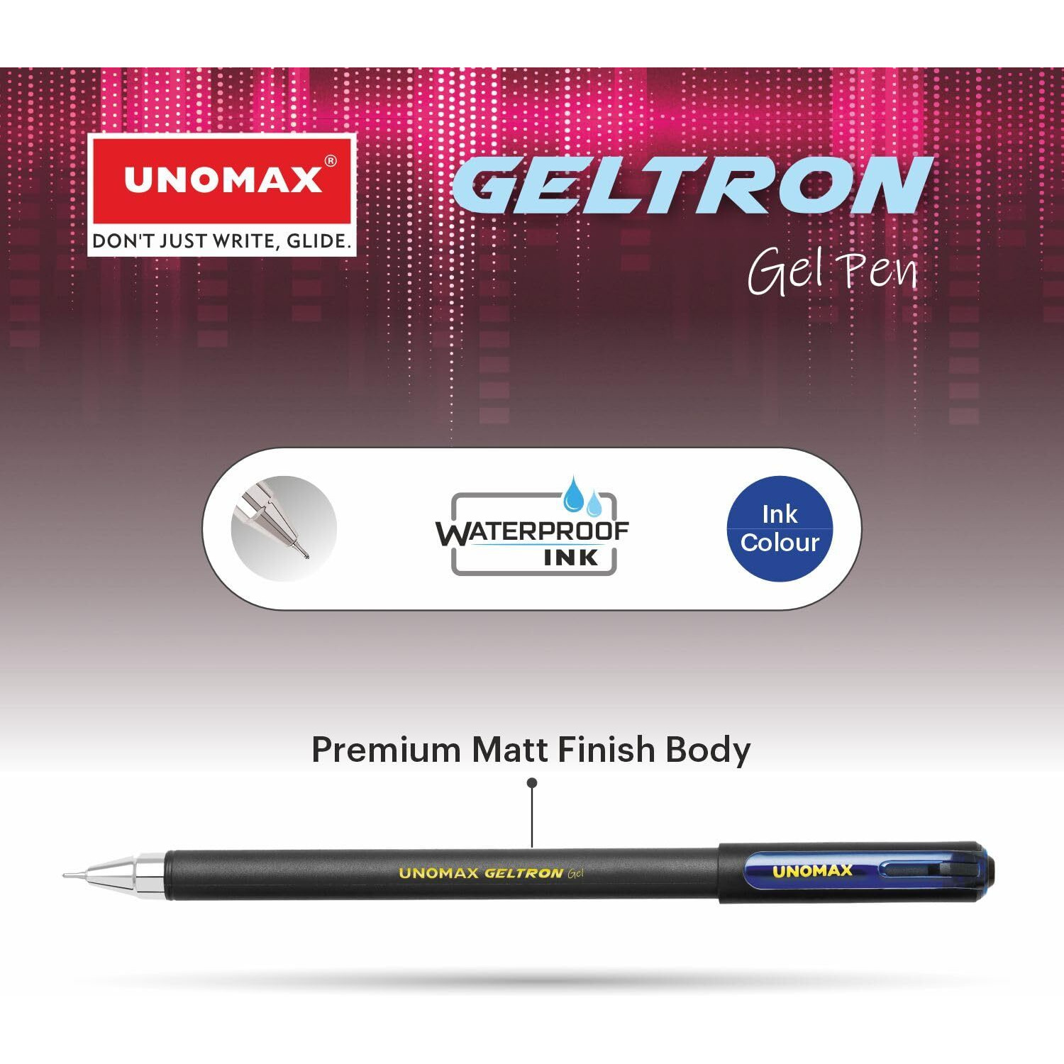 UNOMAX Geltron Gel Pen Pack of 10 (10 Blue) | Professional Ergonomic Design for Daily Use, Exam-Friendly | Fast-Flowing Ink, Writing Precision, Budget-Friendly,
