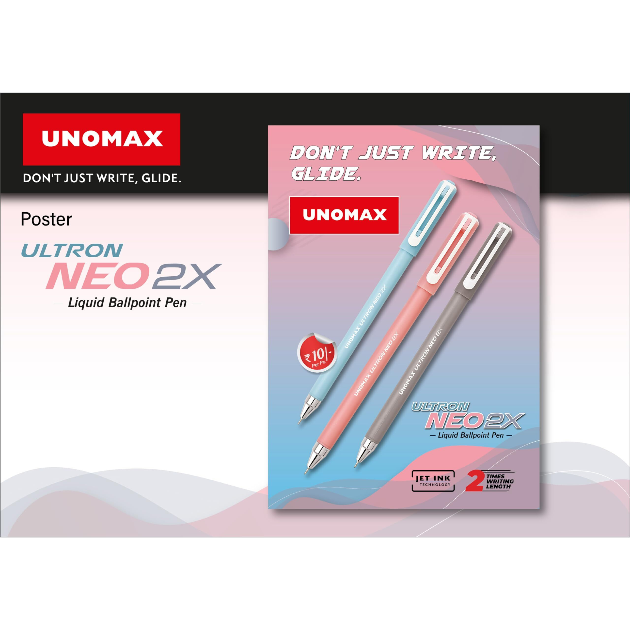 UNOMAX Ultron Neo 2x Ball Pen Pack of 10 (Blue) | Elevate Your Writing Experience with Jet-Like Smoothness | 0.7mm Tip Size for Superior Precision | Matt Finish Body for a Touch of Elegance