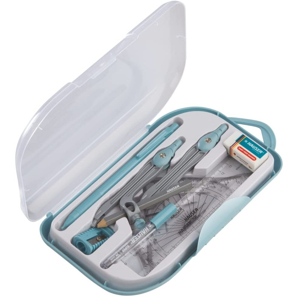 Hauser Mathematical Drawing Instrument Box Pack | Silver Matt Finish Instruments | Attractiev Instruments Inside The Box, Handy Storage Box For Students | Pack Of 1
