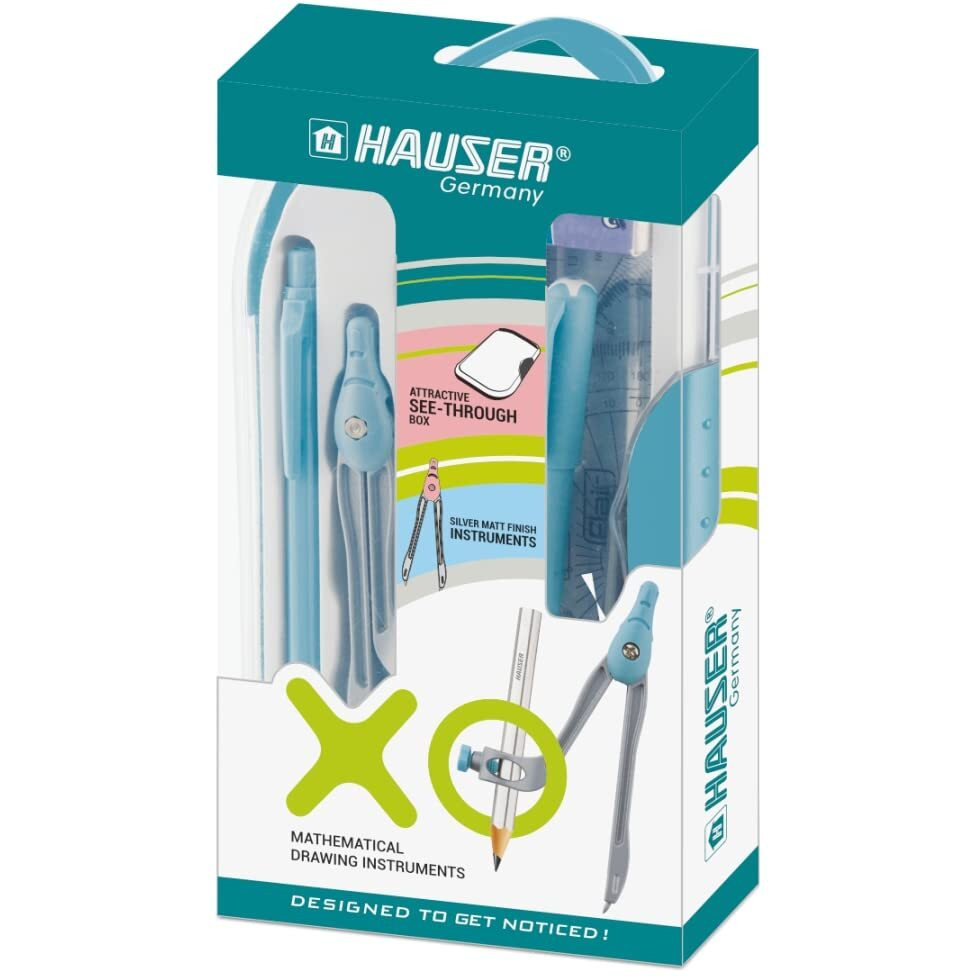 Hauser Mathematical Drawing Instrument Box Pack | Silver Matt Finish Instruments | Attractiev Instruments Inside The Box, Handy Storage Box For Students | Pack Of 1