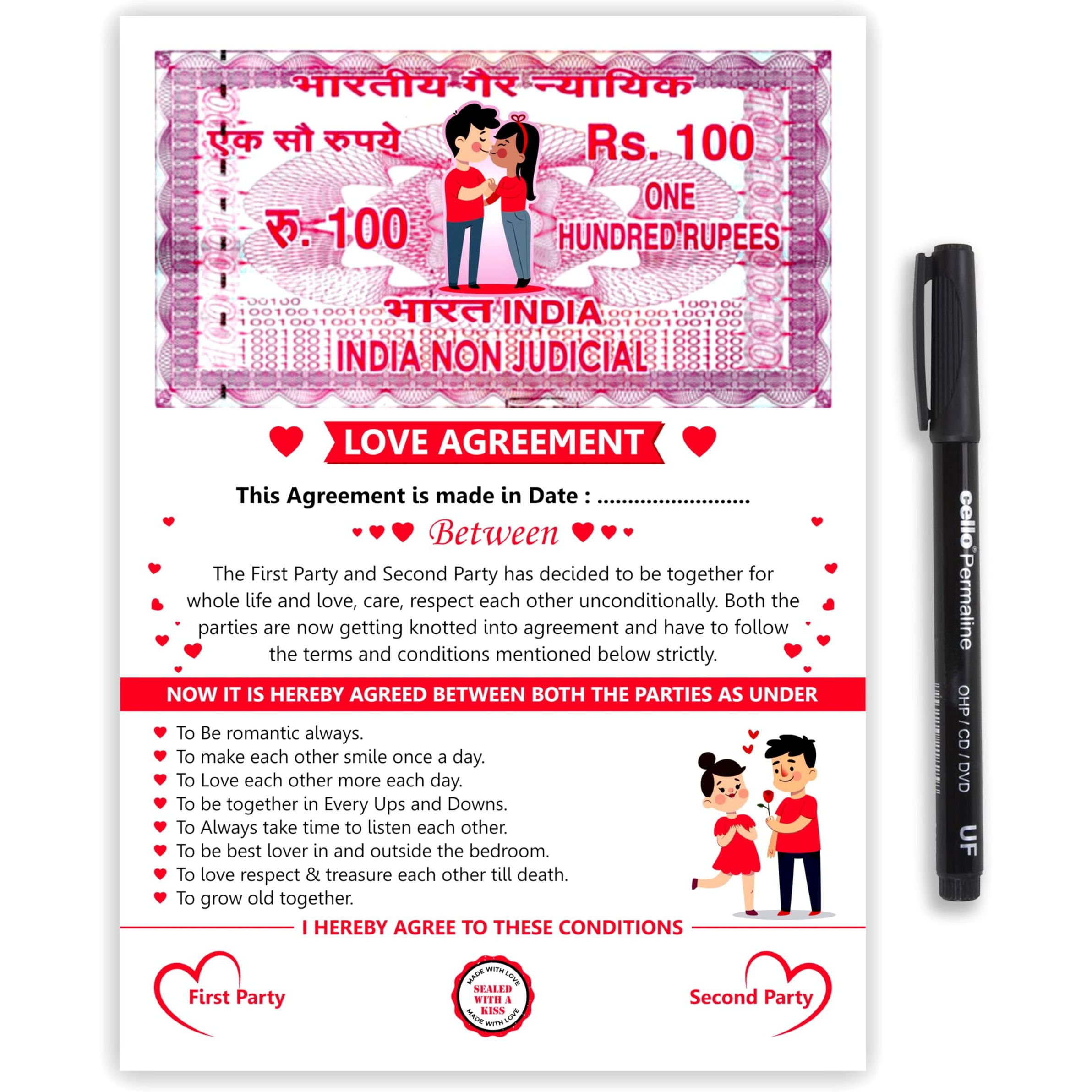 Twinster Couples Special Love Agreement Certificate For Husband, Wife, Girlfriend, Boyfriend. For Valentines Day And Anniversary (Size  A4, 350 GSM)