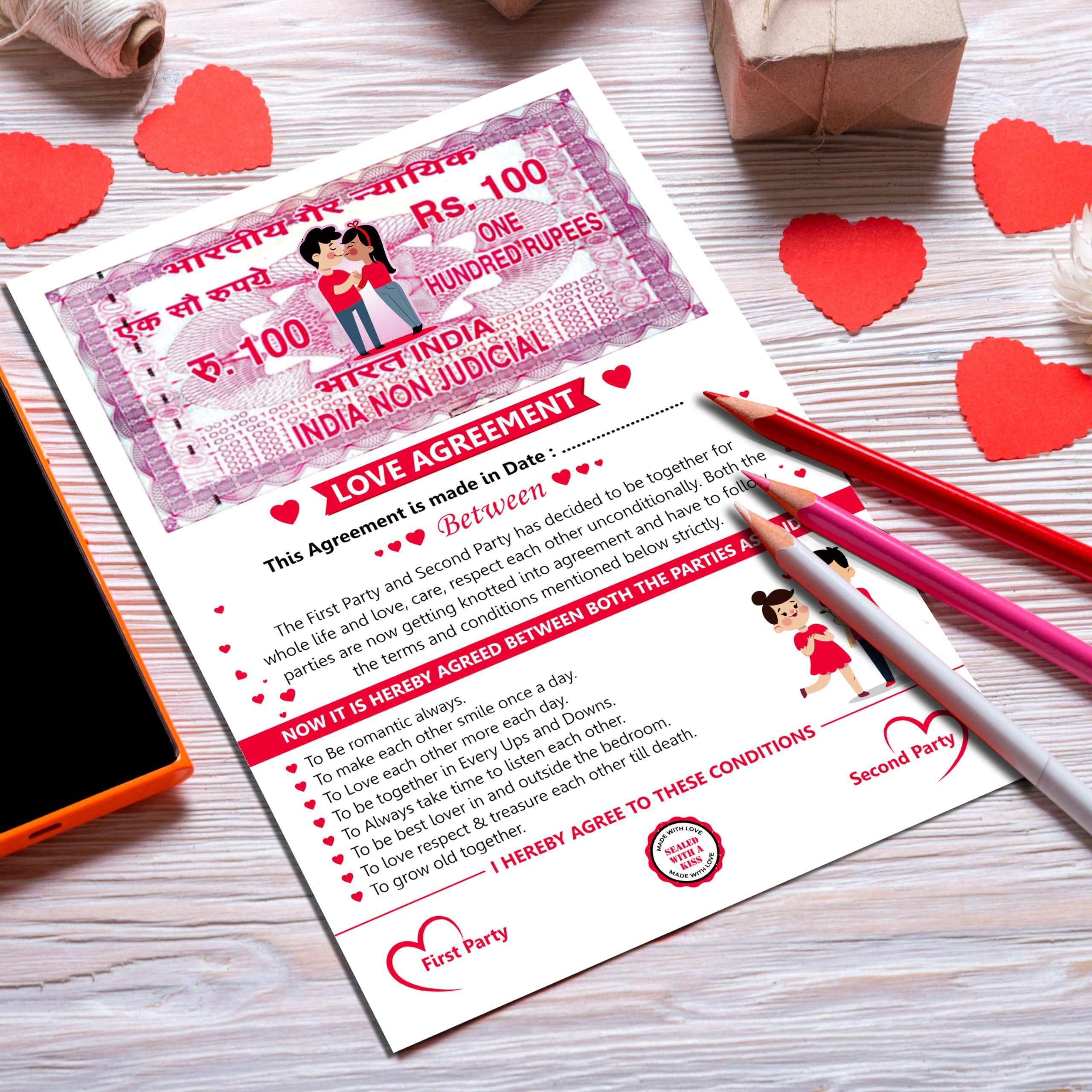 Twinster Couples Special Love Agreement Certificate For Husband, Wife, Girlfriend, Boyfriend. For Valentines Day And Anniversary (Size  A4, 350 GSM)