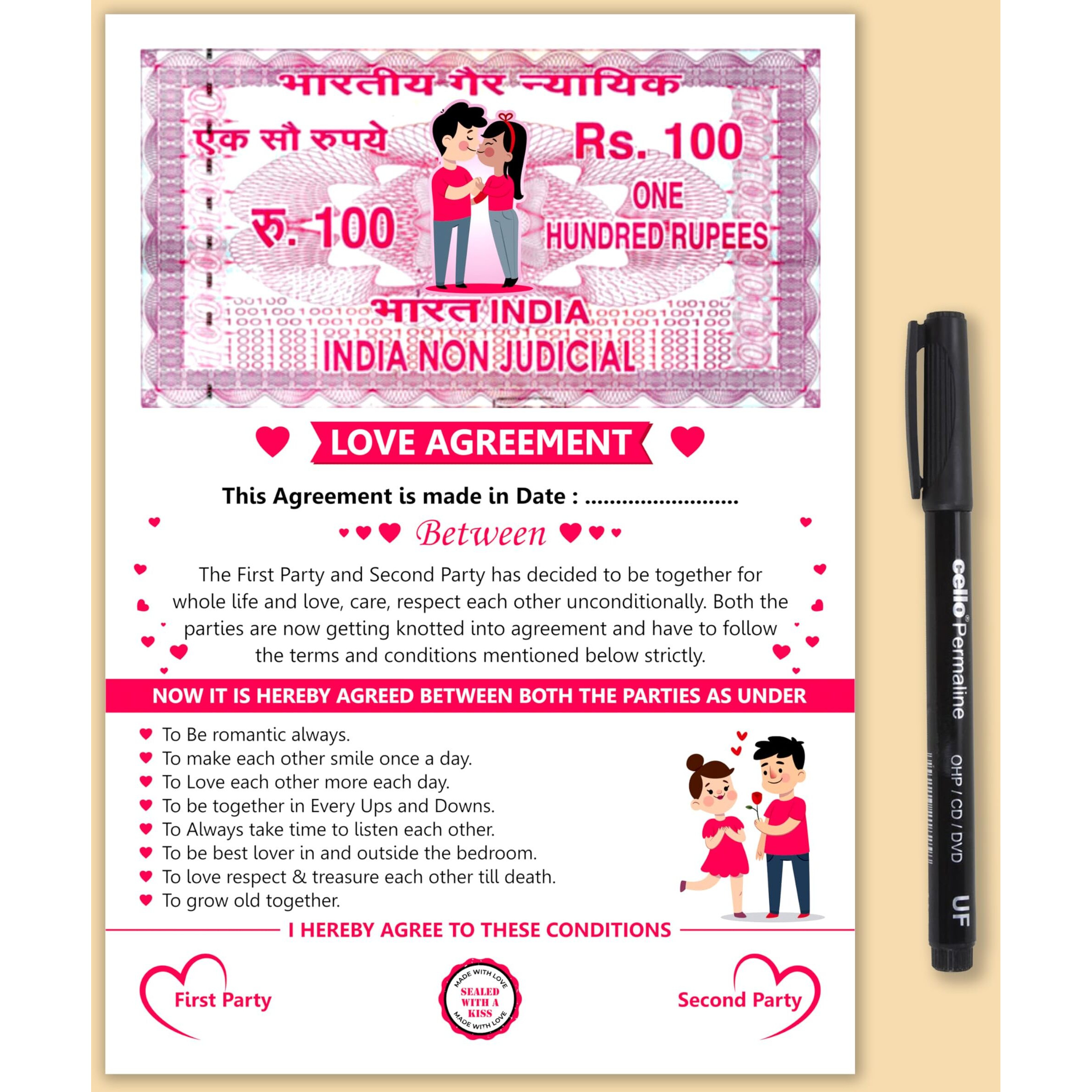 Twinster Couples Special Love Agreement Certificate For Husband, Wife, Girlfriend, Boyfriend. For Valentines Day And Anniversary (Size  A4, 350 GSM)