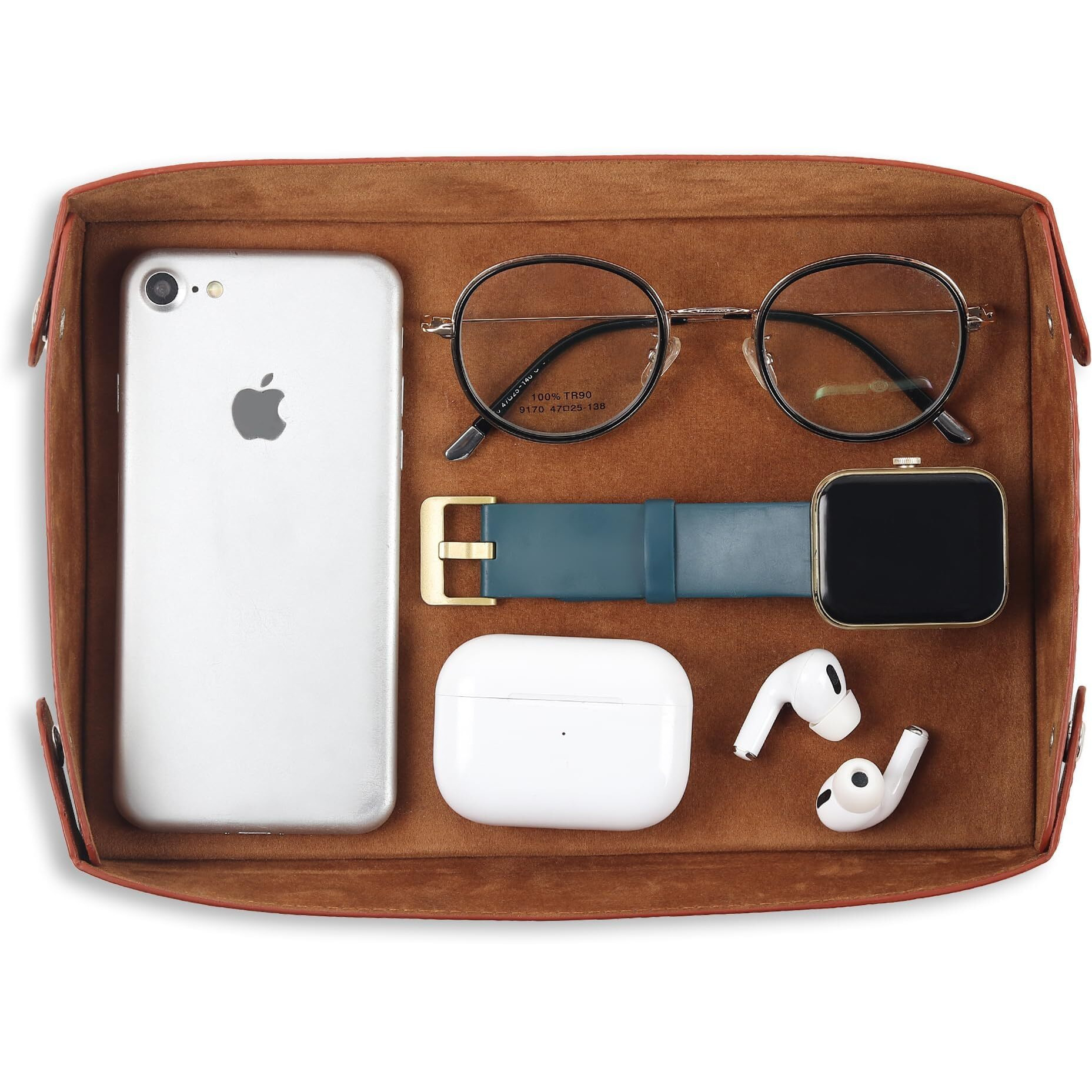 GadgetBite Valet Vegan Leather Tray | Desk Tray Organiser | Mobile Organiser | Organiser for Office, Home, Living Room | Button Opening | Water Resistent-Tan
