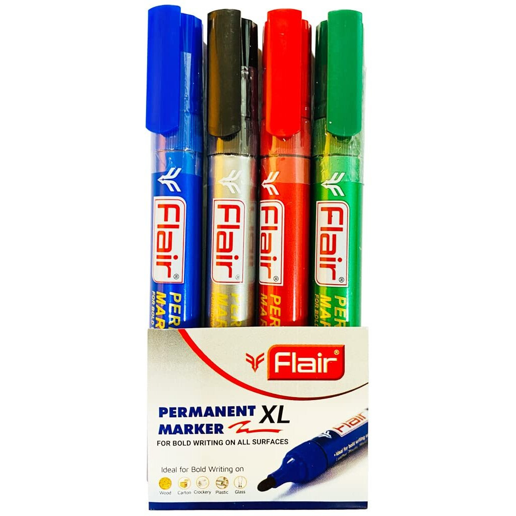 Flair Creative Series Permanent Xl Marker | Fast Drying Ink | For Bold Writing On All Surfaces | For Office & School Stationery | 4 Shades Pouch Pack - Multicolor