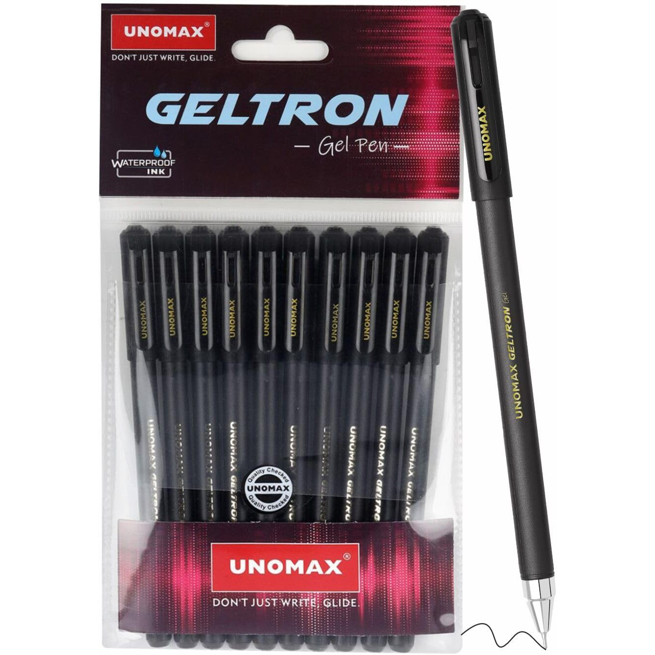 UNOMAX Geltron Gel Pen Pack of 10 (10 Black) | Professional Ergonomic Design for Daily Use, Exam-Friendly | Fast-Flowing Ink, Writing Precision, Budget-Friendly,