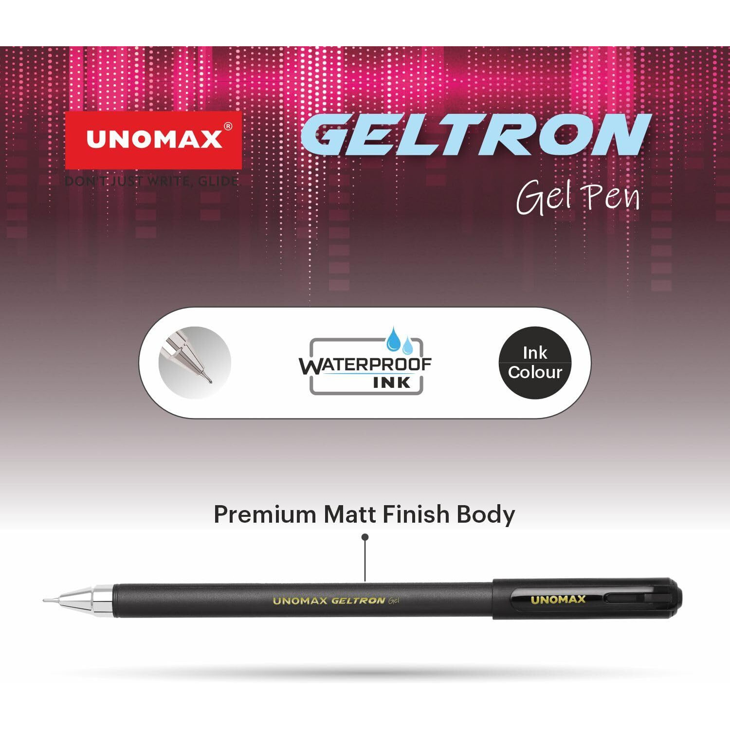 UNOMAX Geltron Gel Pen Pack of 10 (10 Black) | Professional Ergonomic Design for Daily Use, Exam-Friendly | Fast-Flowing Ink, Writing Precision, Budget-Friendly,