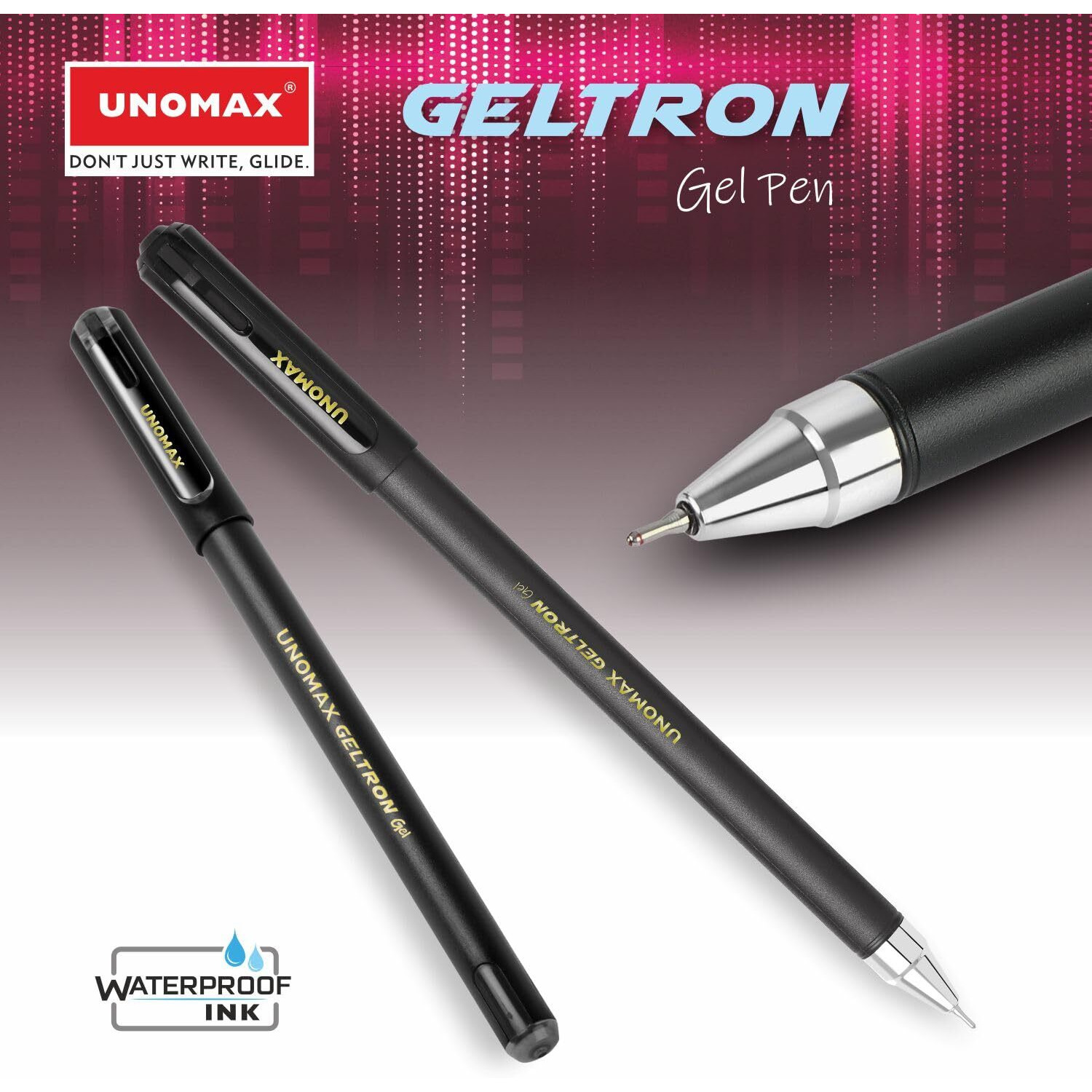 UNOMAX Geltron Gel Pen Pack of 10 (10 Black) | Professional Ergonomic Design for Daily Use, Exam-Friendly | Fast-Flowing Ink, Writing Precision, Budget-Friendly,