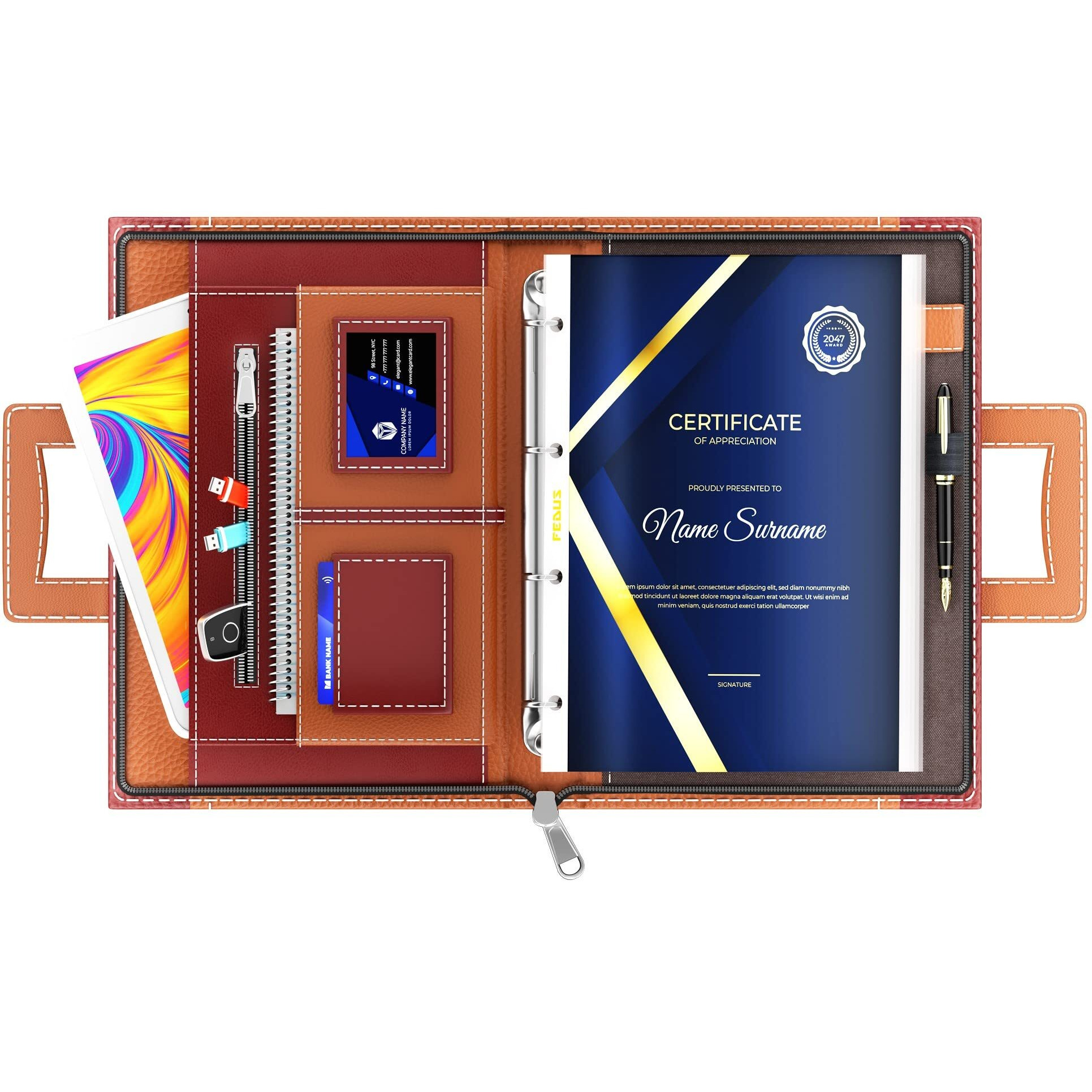 FEDUS Files for Documents 20 Leafs Foolscap Size (Bigger Than A4 Size) 4 Ring File with Hidden Handle Multipurpose Leatherette Portfolio Professional Executive Document File Folder for certificates