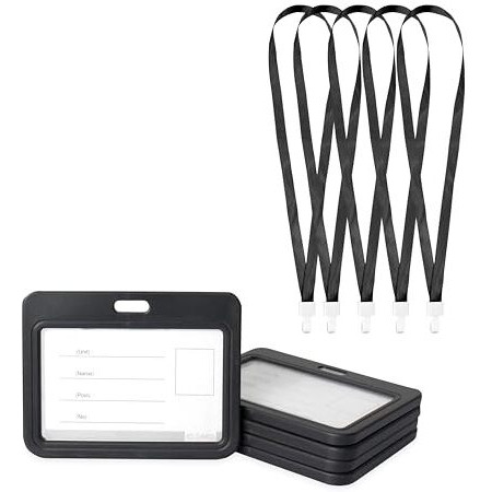 GLUN Black Horizontal Plastic ID Card Holder Case Open Case with 5 Black Premium Straps, Double Sides Visible, Unisex ID Card Holder Case for Office, School and Colleges Pack of 5