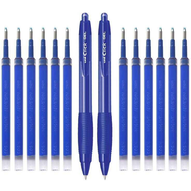 uni-ball Click Gel 0.7mm XSGR7 & NBGK-07 Gel Pen & Refill Combo | 2 Blue Ink Pen with 12 Pcs Refills